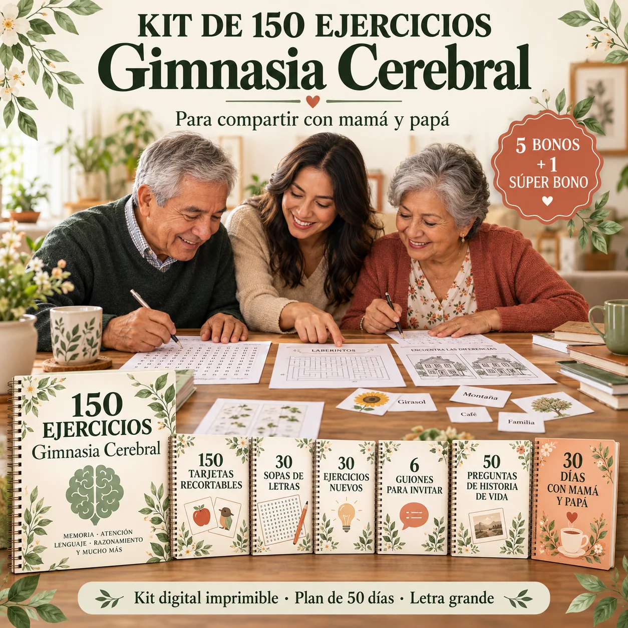 Kit de 150 Ejercicios de Gimnasia Cerebral con sus 5 bonos y súper bono: familia haciendo ejercicios juntos en la mesa