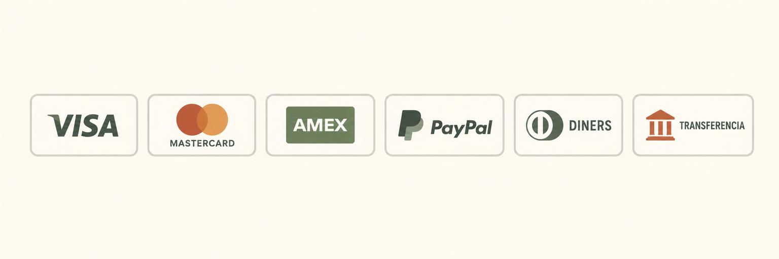 Métodos de pago aceptados: Visa, Mastercard, American Express, PayPal, Diners y transferencia bancaria